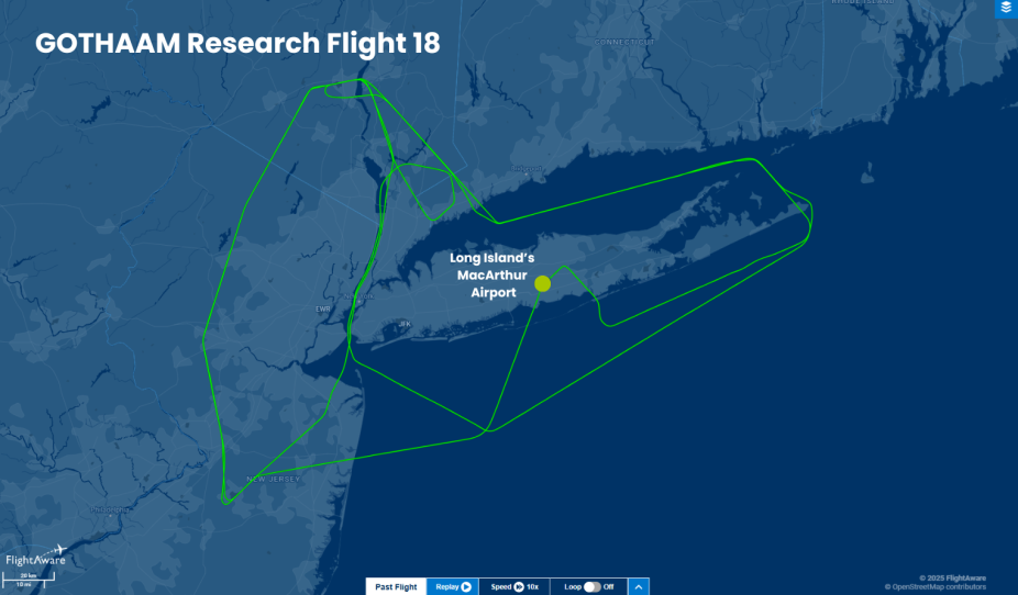 Map showing the flight path of the NSF NCAR C-130 research aircraft around Long Island, New York