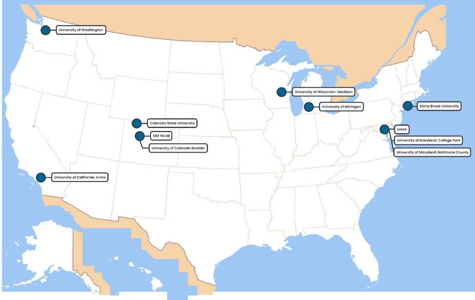 Map of the United States showing the location of the universities and institutions involved in GOTHAAM.