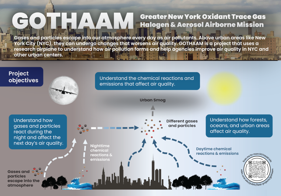 Schematic diagram showing how emissions from cities, oceans, and forests impact air quality.