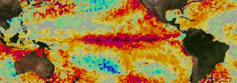 Data map of sea surface temperature anomalies in the Pacific Ocean March 2016