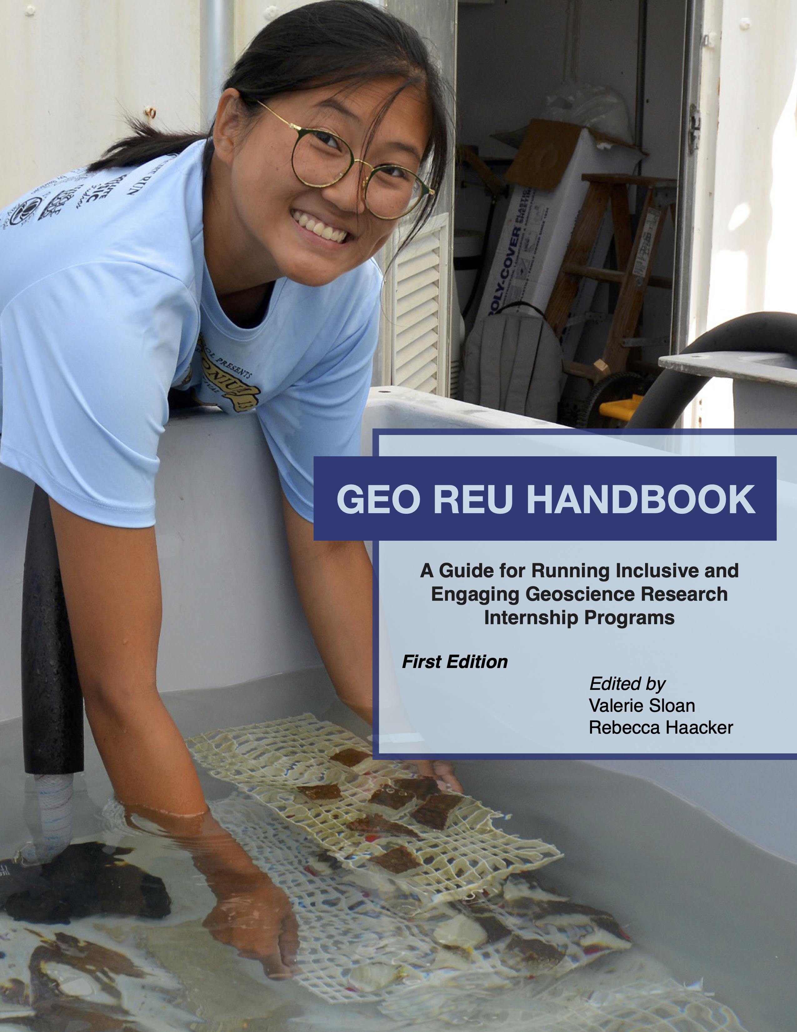 GEO REU Handbook cover: A student leans over a tub of water holding a tray of samples in the water