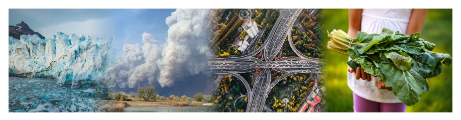 Four images blended together of sea ice, wildfire smoke, a busy highway interchange, and a child holding greens. 