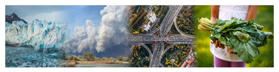 Four images blended together of sea ice, wildfire smoke, a busy highway interchange, and a child holding greens.