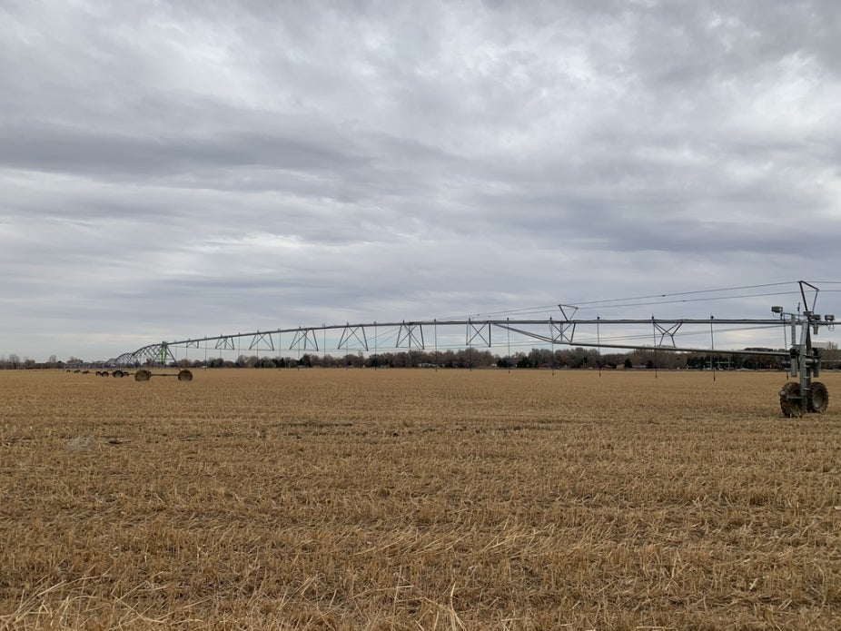 A farm irrigation system in a field