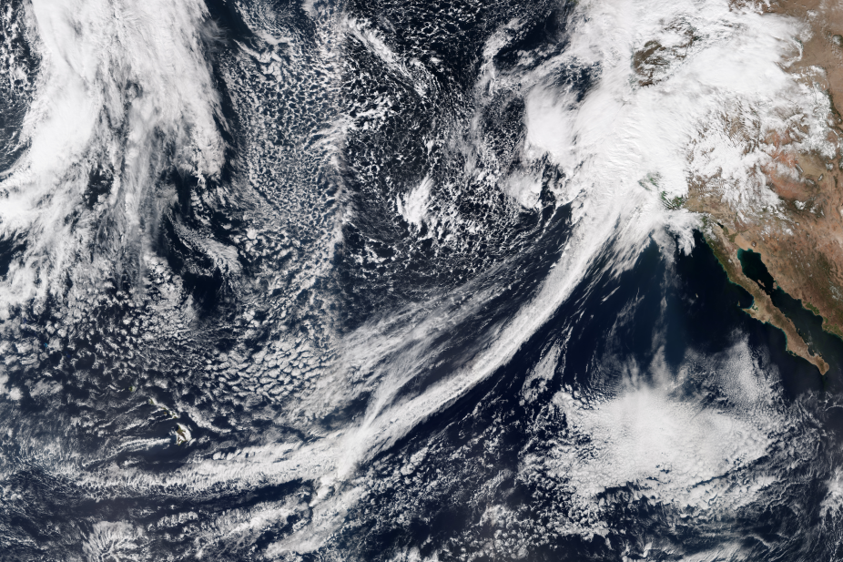 Satellite image of clouds over the Pacific Ocean showing an atmospheric river