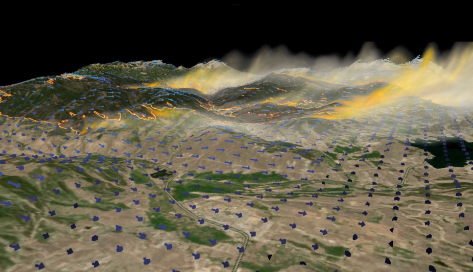 Digital model of how winds contribute to the progression of a wildfire