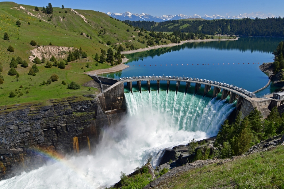 Hydroelectric Séliš Ksanka Ql’ispé Dam (formerly known as Kerr Dam) at Polson, operated by the Confederated Salish and Kootenai Tribes of the Flathead Nation in Montana. Due to the spring snow melting in the mountains, all gates of the dam are open.