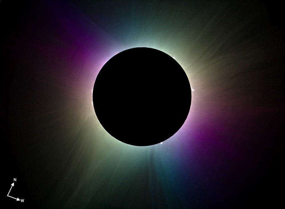 A false-color image of the Sun's corona during a total solar eclipse