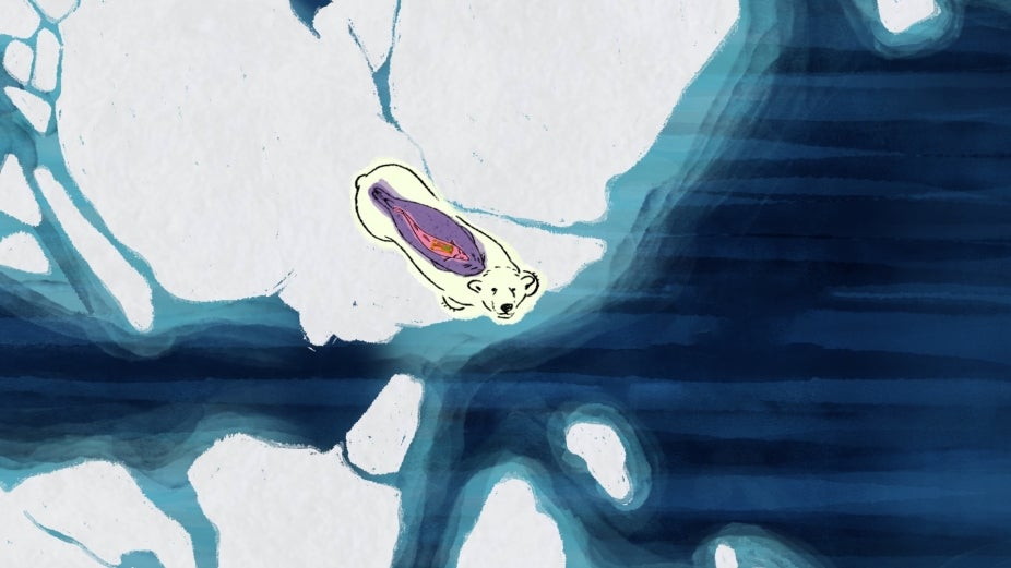 Animation still of a polar bear on an iceberg.