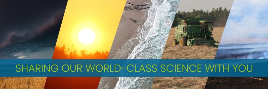 A series of images showing NSF NCAR researching areas: weather, sun, oceans, agriculture, and wildfires