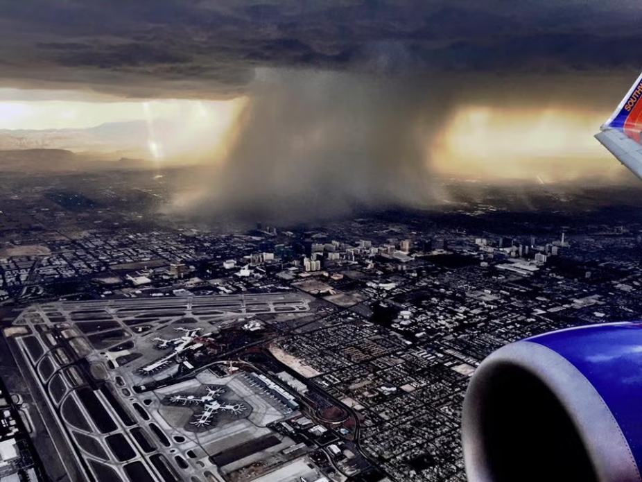 A microburst as shown from an airplane, pouring rain down in one small spot