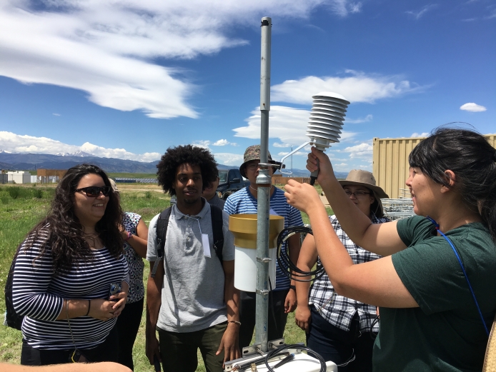 Five students work together to install a weather station in an open field