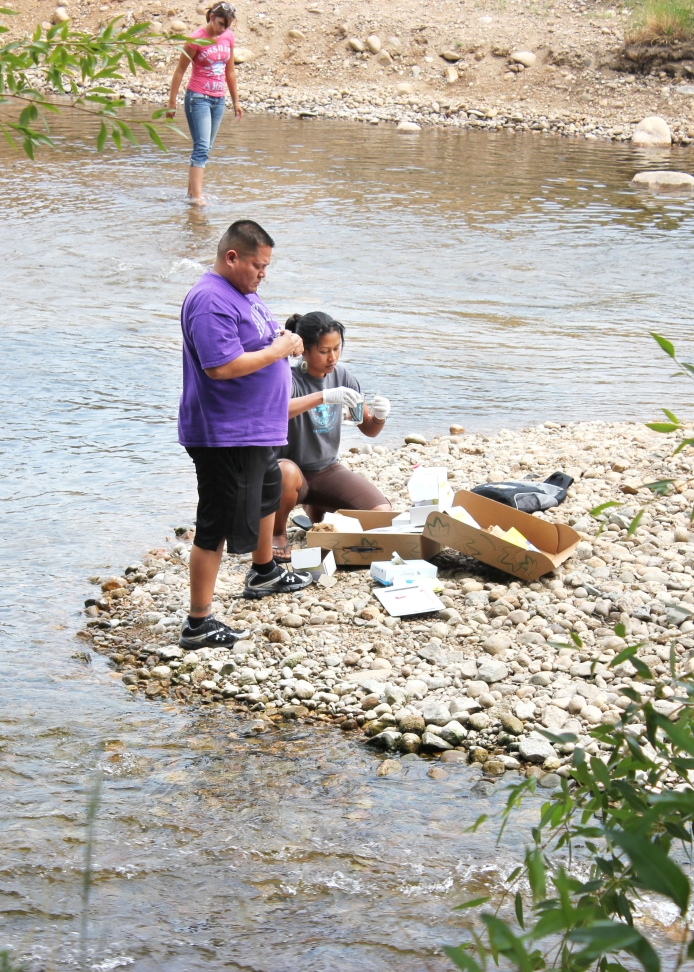 Three students work at the edge of a lake to collect water samples.