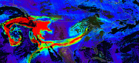A satellite image over North America from TROPOMI, the TROPOspheric Monitoring Instrument