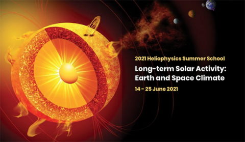 Graphic showing a cut out of the sun's layers and solar flares with the text "2021 Heliophysics Summer School" 