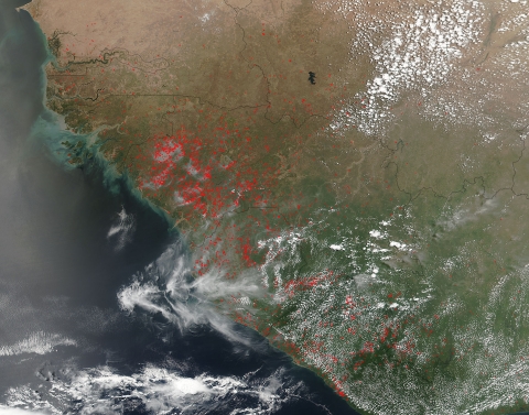 Satellite image showing the location of wildfires in West Africa