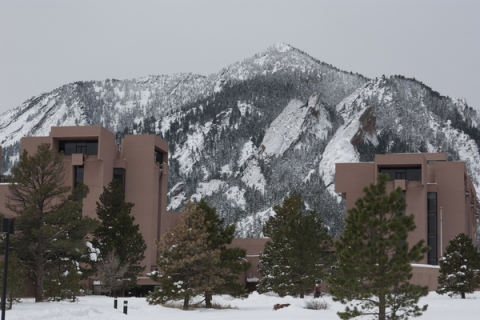 NCAR Mesa Lab with mountains in the background during the winter