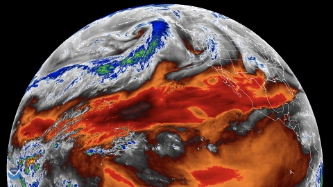 GOES satellite image of an atmospheric river flowing across the northern Pacific Ocean