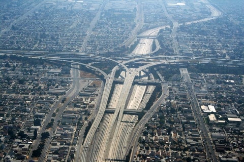 Aerial view of a highway interchange in Los Angeles