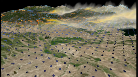 Computer generated visualization depicting wildfire spread and wind direction over Granby, Colorado