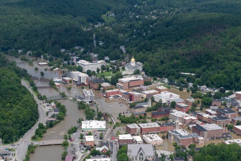 Aerial view of the Capital of Vermont showing flooded streets